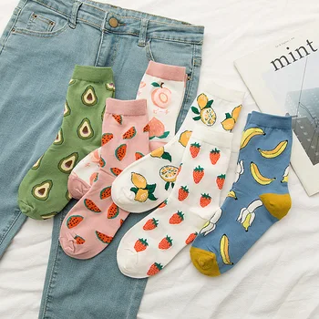 Пролетно-летни дамски чорапи с плодове Harajuku Kawaii Happy Socks, модни забавни чорапи за момичета с банан и ягоди дамски чорапи