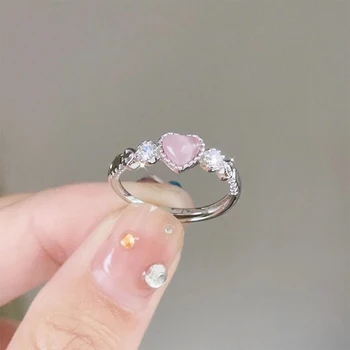Пръстен с розов хрустальным сърце и опалом, пръстен на пръста с кристали, реколта эстетичные прекрасно ретро-пръстени Y2K, блестящи пръстени за жени, вечерни украса.