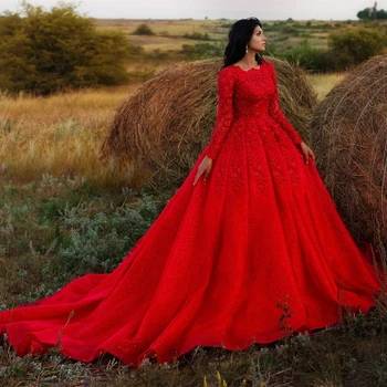 Реколта булчинска рокля с кръгло деколте и червена дантела Трапецовидна форма, С дълги ръкави И аппликацией Булчинска рокля и Полата от блестящо тюл Марокански Брак