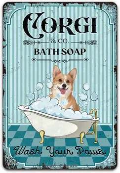Реколта метална лидице знак Corgi Co. Сапун за баня, измийте лапите, Забавно сладко куче, кученцето художествена печат на плакат за баня
