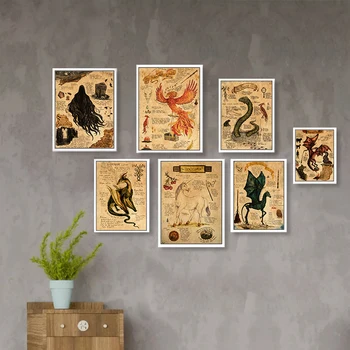 Ретро Огнен Феникс, Еднорог, Крилат дракон, Прилеп, Морска змия, Вълк единак, плакат, на фона на всекидневна, монтиран на стената платно, Пръски живопис