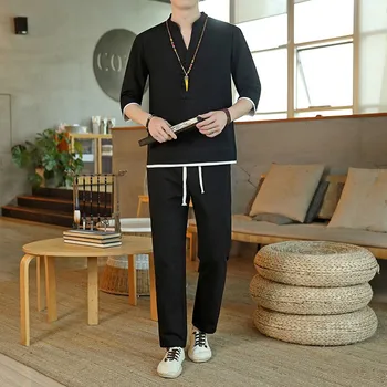 Риза + Панталон летни китайски стил с еластична гумена лента за кръста, Обикновен Мъжки Ежедневни комплекти, Мъжки Модерни панталони и ризи, мъжки размер M-4XL