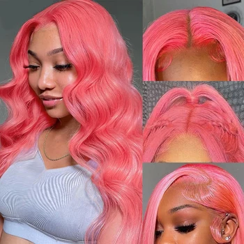 Розова перука с масова вълна на дантели от човешка коса, светли Бразилски перуки, изработени от човешка коса, цветни перуки, изработени от човешка коса 180% плътност за жени