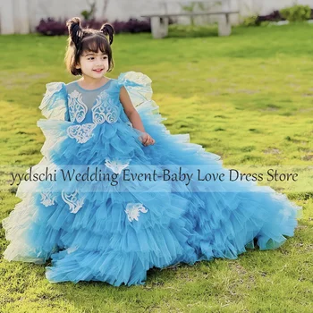 Рокли за момичета в цветенце, 2023, Небето-синьо дантелени рокли за момичета, вечерни рокли на принцеси за сватбени партита, Тюлевое рокля на шаферка