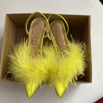 Сандали с кристали в жълто и допълнителен декор, дамски обувки, без закопчалка с остри пръсти и каишка отзад, Чубрица модни лаконичен Zapatillas Mujer 2023 година на издаване