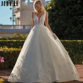 Сватбена рокля JEHETH Принцеса с дълбоко V-образно деколте и тънки бретельками, романтични сватбени рокли трапецовидна форма, без табли, празнична рокля без ръкави
