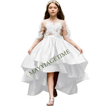 Сватбени рокли за момичета-цветочниц с лък, празнична рокля на принцеса с пластове волани, високи, ниски рокли за Първи Св. Причастие
