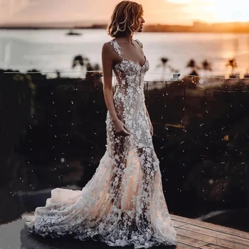 Сватбени рокли на Русалка с цветен модел, 3D дантелени апликации, плажна рокля на булката без ръкави с отворен гръб, струята Robe De mariée