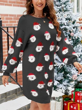 Секси Коледна рокля-пуловер с принтом Дядо Коледа, къса рокля с кръгло деколте и дълъг ръкав, есента и зимата рокля-пуловер