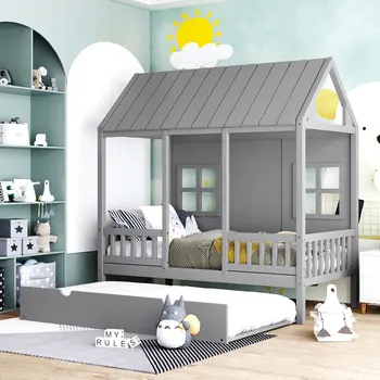 Сива домашна легло Twin Size, дървено легло с две чекмеджета - допълнително място за съхранение, детско легло с уникален дизайн