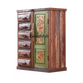 Стара дърворезби от тиково дърво в бесшумном стил, страничен шкаф за входно антре, многослоен шкаф за съхранение на вещи