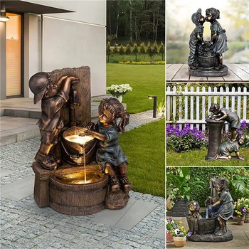 Статуя на момиче и момче на закрито и открито, смола, ретро-детска игра, фигурка на Kawai, скулптура от смола, изкуство за двора, Декорация за дома и градината