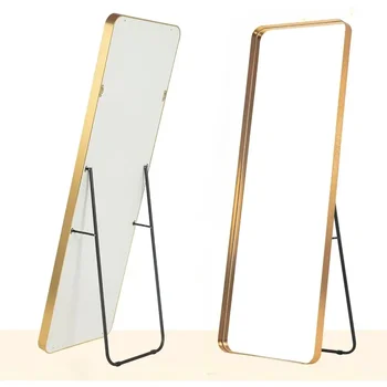 Стенно огледало в рамка от алуминиева сплав, подвесное или прислоненное към стената Огледало в цял ръст, за всекидневната Златен цвят (със стойка)