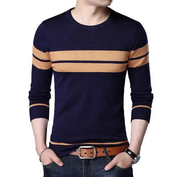 Стилен мъжки дрехи, плетени калъф за тънки пуловери в контрастен цвят, пуловери, с кръгло деколте и дълъг ръкав на райета, ежедневни мъжки блузи