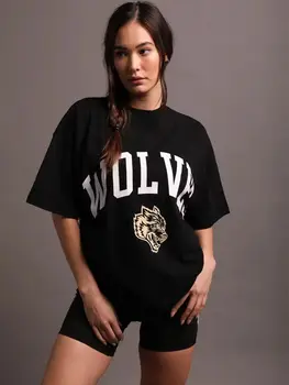 Тениска WOLVES She дамски градинска облекло в стил хип-хоп тениска с графичен писмото принтом, къс ръкав, памучни ежедневни летни блузи Унисекс