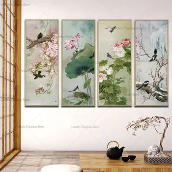 Традиционни китайски плакати с пейзажи четири сезона, Цветната праскова, Лотос, Слива, живопис върху платно, Стенни пана, Скандинавски начало декор