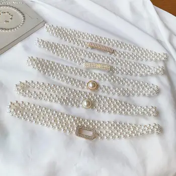 Универсална пола, модерен случайни колан луксозен дизайн, готическата верига с големи перли на кръста, дамски еластичен колан с диаманти