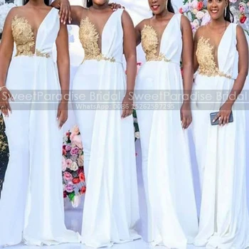 Уникални дълги рокли на шаферките в стил русалка със златни апликации, прозрачна врата, знаменца, женски сватбена рокля в голям размер за партита