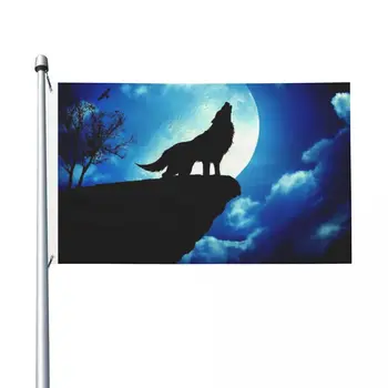 Флаг Воющего Вълк, Тъмната Мътна вечер, Кръгла Луна, Дърво, флаг на животното на хълма за външно, вътрешно работно място, домашен интериор на градина 90x150 см