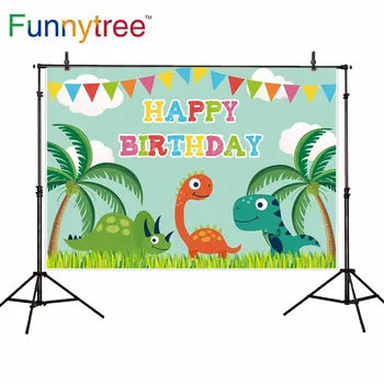 Фон за фотосесия Funnytree, банер с динозавром, джунгли, Пасища на 1-ви рожден ден, Мультяшная фотография, фотофон, фотозона