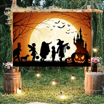 Фон за щастлив Хелоуин, сянка, страшен призрак, банер, плашилото, украса за партита, семейна, градинска фотография в лунна нощ, превръзка