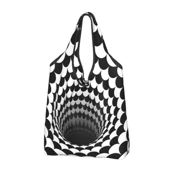 Хубава оптична илюзия, черна дупка, везни, чанта за пазаруване, преносима геометрична черно-бяла чанта за пазаруване, чанта за пазаруване през рамо