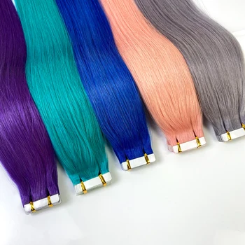 Цветна лента JSNME за изграждане на човешки косъм е 100% истинска лента за коса в коса, за жени естествен директно синьо-розов цвят за салон за красота
