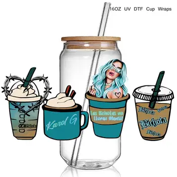 Цена на едро Karol G Coffee print 3D UV DTF Cup Wraps етикети Потребителски Опаковки за Стъклени Буркани Libbey 16 унция Чаша За Студени Чаши