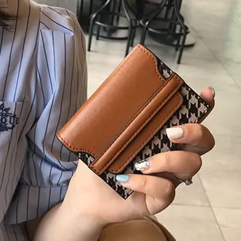Чанта за картички в корея клетка в корейски стил, чанта-клатч, кратък портфейл от изкуствена кожа, чанта, джоб за карти, картодържатели, Клатч Женски