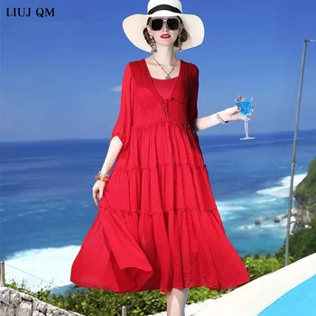 Червена рокля голям размер, Летен сарафан, женствена рокля 2023, Безплатен комплект от 2 теми с V-образно деколте, Празнични дълги плажни рокли с къс ръкав, елегантни