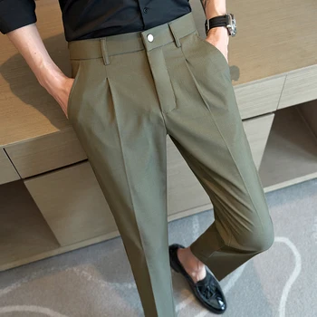 Черен / Сив / Армейски Зелен Еластичен Бизнес Всекидневен Костюм Wasit Панталони За Мъже Дрехи 2023 Официално Облекло Slim Fit Офис Панталони 36-28