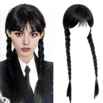 Черна перука от дълги заплетенных коса с бретон за cosplay на Хелоуин Синтетичен двойна опашка с закручиваниями Сплетен перука за жени и момичета