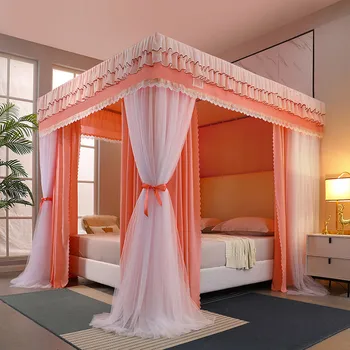 Четырехсезонная mosquito net Quadrate Palace е с рамка, Романтична завеса за легла с оцветяване, Мрежи за балдахина, Трехдверная Завеса за легла