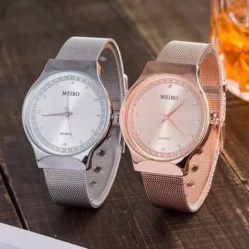 № 2 Модерен женски марка MEIBO, Розово злато, кварцов часовник с кристали, дамски часовници е от неръждаема стомана, часовници