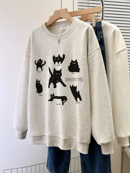 2023 Нов Пуловер За Момичета Плюс Velvet Сгъсти Свободен Пуловер С Чувство За Дизайн Cartoony Котка Забавен Принт Жокер Есента Топ