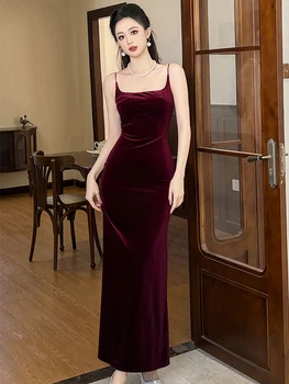 Елегантна Секси дълга рокля за годишна среща, червено Френско вино, черна кадифена лента, разрез, без табли, Макси-халат, дамско парти, Vestidos